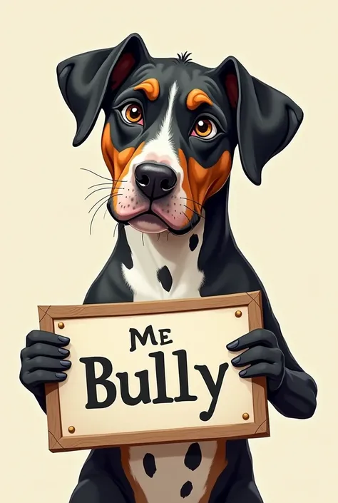 Create a picture of a dog. His name is Mr. Puffinger. He is a rodesian ridgeback and dalmatiner mix. He has black fur, a white chest with several black dots. He has a white right paw. He is holding up a sign that says Mr. Puffinger is a bully. 