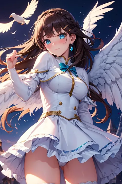 A beautiful girl in a short skirt holding a sword and a bird, outside, night, (magical girl), white leotard, fluffy layered skirt, thigh highs, bow, wand, wings, flying, floating, big rounds breasts, dark brown hair, long bangs, french braid, long hair, wa...