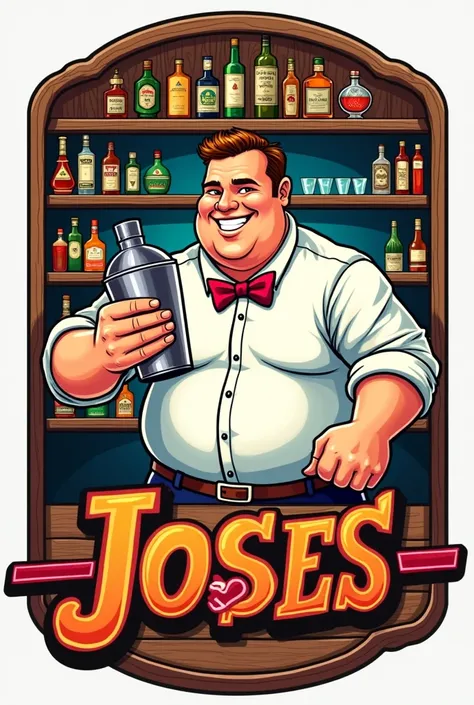 create a logo for a bar called "Jose&#39;s Bar" with bartender theme, that the man is chubby and has no beard or mustache and is shaking a shaker. 
