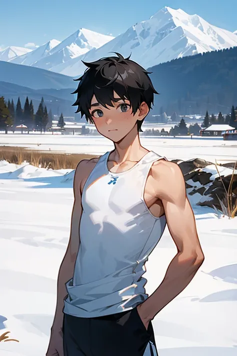 Snowy mountains in the background、An elementary school boy standing wearing a tight white Y-back tank top