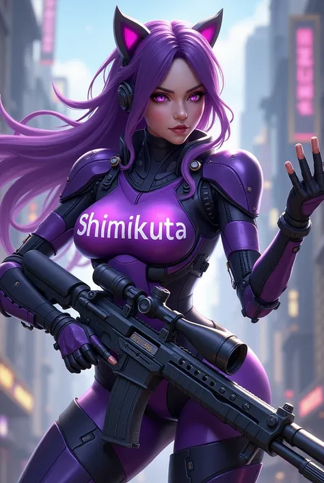 Generate a picture of lesly in mobile legends bang bang.
Weapon: sniper rifle 
Outfit: violet cybord body with very clear and not hidden print of "SHIKAMIKUTA".
Background:more realistic 