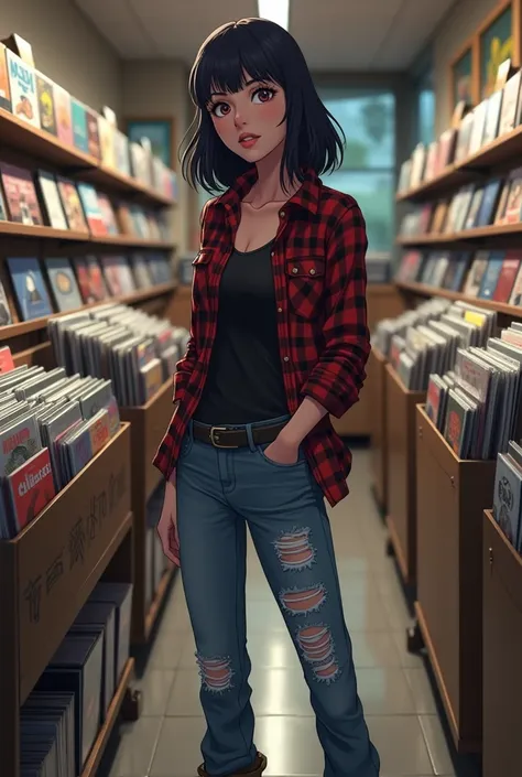 Makoto Shinkai style　anime　Seductive close-up of a young woman with grunge aesthetic, the year 1995、Browsing a record store in an American shopping mall. The woman is wearing a flannel shirt, Ripped jeans, Combat Boots, And it&#39;s casual, Confident attit...