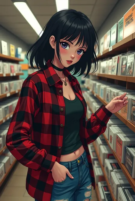 makoto shinkai style　anime　seductive close-up of a young woman with grunge aesthetic, the year 1995、browsing a record store in an american shopping mall. the woman is wearing a flannel shirt, ripped jeans, combat boots, and it&#39;s casual, confident