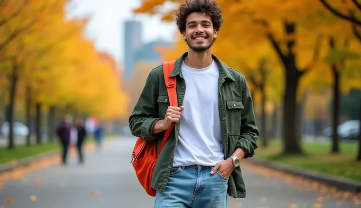 A high-resolution wide-angle photograph of a cheerful and cool model outfit in a white t-shirt with a hiphop jacket over it, paired with baggy jeans. He is carrying a backpack in a color that complements his outfit and posing in City. The photo is taken wi...