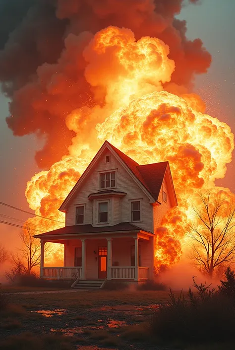 A picture of the house exploding violently, with a loud bang, aesthetic, photo realistic, colorful, vibrant color.