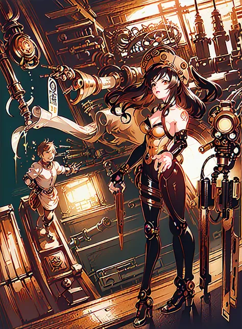 ((best image quality, highest quality, T Masterpiece)), Japan anime-style steampunk illustration, (From the fingertips to both arms are steampunk-style mechanical prosthetic hands:1.5), (Mechanical prosthetic leg with steampunk-style legs:1.4), Steampunk s...