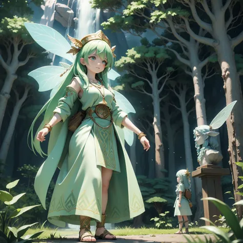 Celtic mythological priestess in long dress、In front of the great tree of Yggdrasil、There are fairies flying around