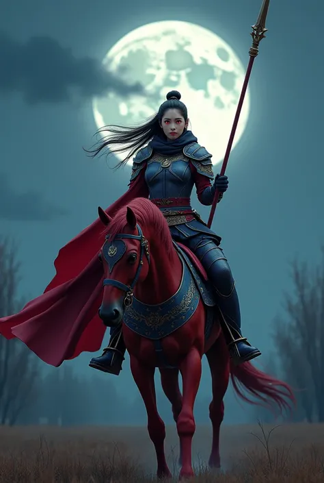 (masterpiece, best quality, beauty, best ratio, best shadows) uhd,china female kungfu, korean beauty like tae yon, full posture fully visible, shining red eyes, windblown hair, wear blue mate general full body armor boots, gold hoody, left hand holding big...