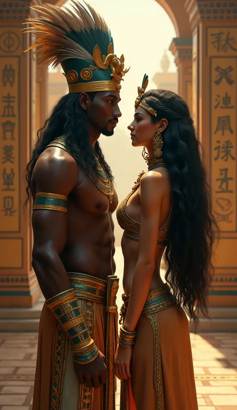 Design an image of Shu and Tefnut together in Egyptian mythology, with Shu as a male figure with dark brown skin, green eyes, and a feathered headdress, and Tefnut as a female figure with light brown skin, blue eyes, and long black hair. They should be dep...