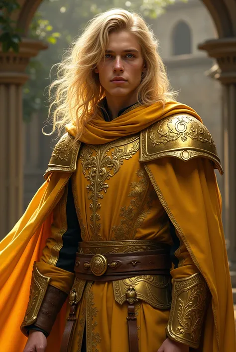 Young man with blond hair wearing medieval gold 