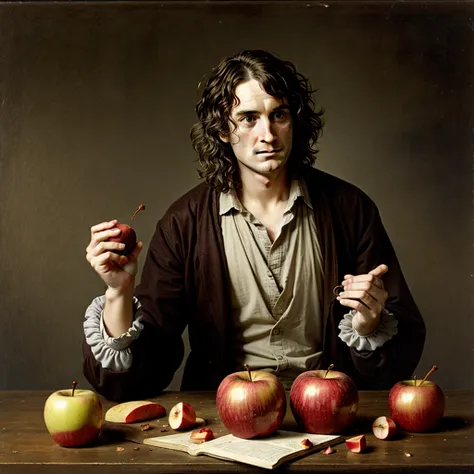 A very surprised and disheveled Isaac Newton after an apple fell on him.