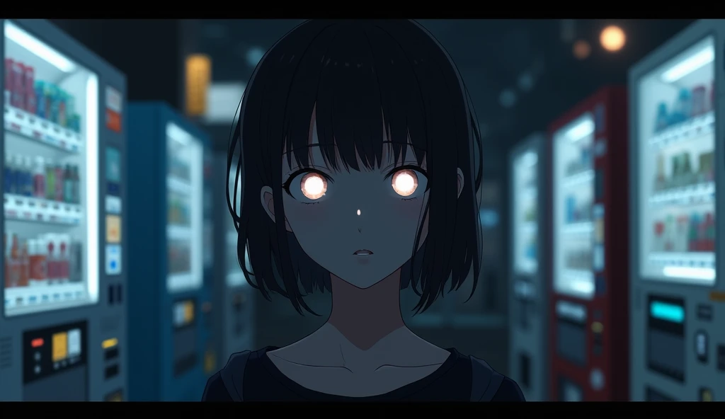 20 year old girl, (Vending machines lined up), japan, ((night)), 90s, (best quality: 0.8), (best quality: 0.8), Perfectly animated illustrations, dark and unclear face, shining eyes
