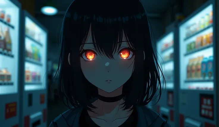 20 year old girl, (Vending machines lined up), japan, ((night)), 90s, (best quality: 0.8), (best quality: 0.8), Perfectly animated illustrations, dark and unclear face, shining eyes
