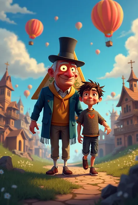 Create a fan art image of Up but have Carl and Russel be Bill Cypher from Gravity Falls with their design and aesthetics