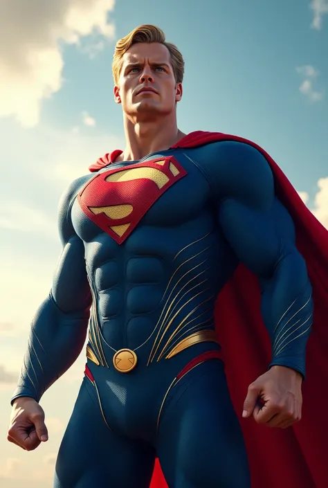 A blond man with blue eyes wearing the Superman costume