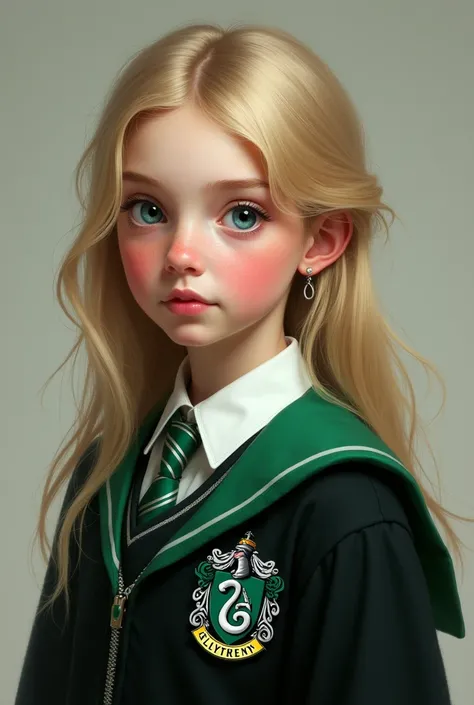 Blonde with blue eyes and slightly chubby and rosy cheeks in the Slytherin uniform