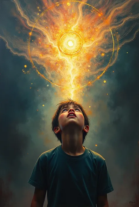 Create a figurative image for a painting of  A dramatic painting where the boy finally speaks. The world around him seems to pause, and his words are visualized as powerful, glowing symbols or waves breaking through the noise.