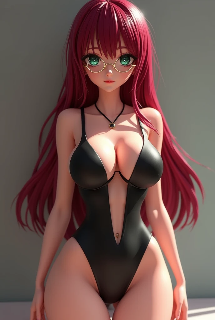 Slim anime doll with very large breasts, short straight bangs and long deep cherry red hair with black hair tips and black underwear and gold colored glasses and with a navel piercing and green eyes