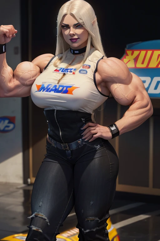 (((Close-up))), tall, (White hair) beautiful muscular woman, long straight hair, light brown skinned, large breast, closed smile, (black lipstick), (massive muscles), (hyper muscle), ((ginormous bulky muscles)), glowing blue eyes, (((sleeveless NASCAR jack...