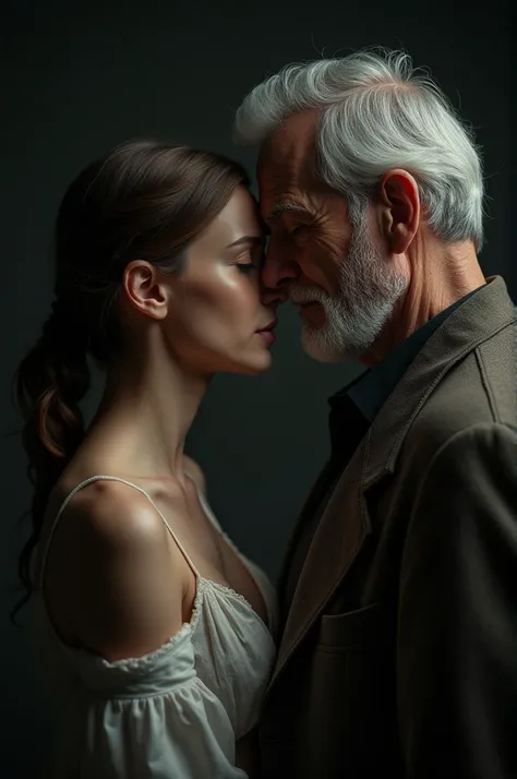 A couple with age differences a young woman and an old man an image with realistic dark quality 