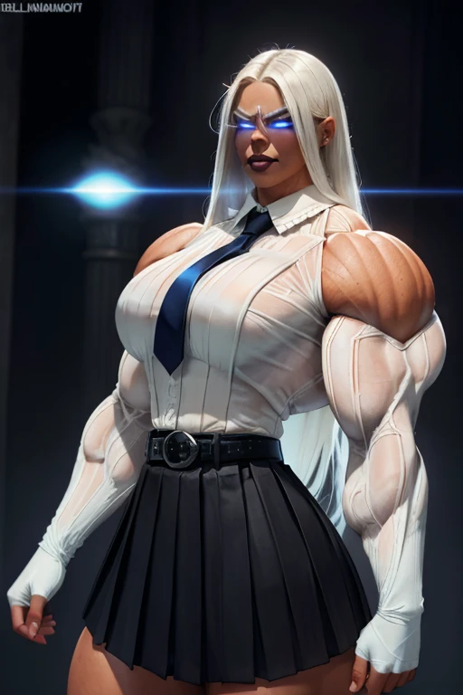 ((Close-up)), tall, (White hair) beautiful muscular woman, long straight hair, brown skinned, closed smile, (black lipstick), (massive muscles), (hyper muscle), ((ginormous bulky muscles)), ((glowing blue eyes)), (((long sleeve white pleated shirt))), ((bl...