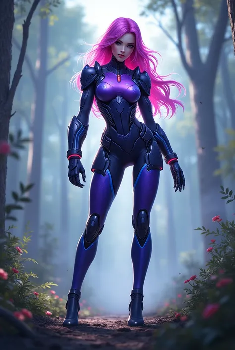 Generate a picture of Selena in mobile legends bang bang.
Outfit: violet and blue cybord body with very clear and not hidden print of "NEL".
Background:more realistic in war forest.