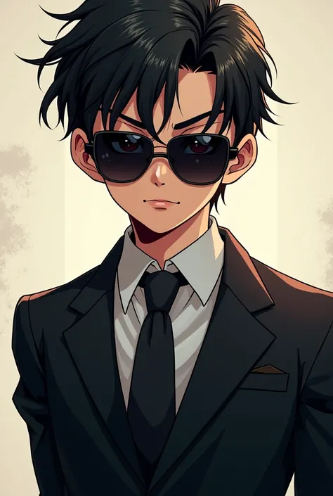 Generate a 1:1 picture of one anime mafia boy wearing sunglasses
