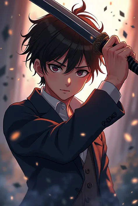 アニメ, beautiful boy , dark brown hair, katana, pourvoir du temps