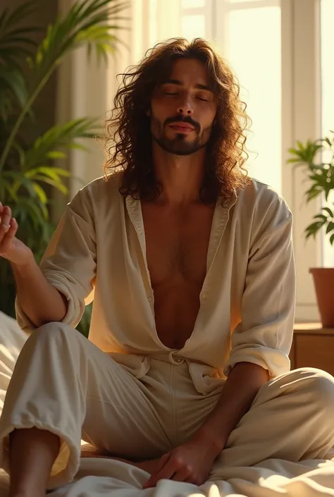 (photorealism:1.2), beautiful man, sitting on bed, wearing loose off-shoulder top, pajama pants, long curly hair, indoors, soft lighting, plants in background, window with sunlight, cozy room, relaxed pose, realistic, intricate details, warm colors, by Gre...