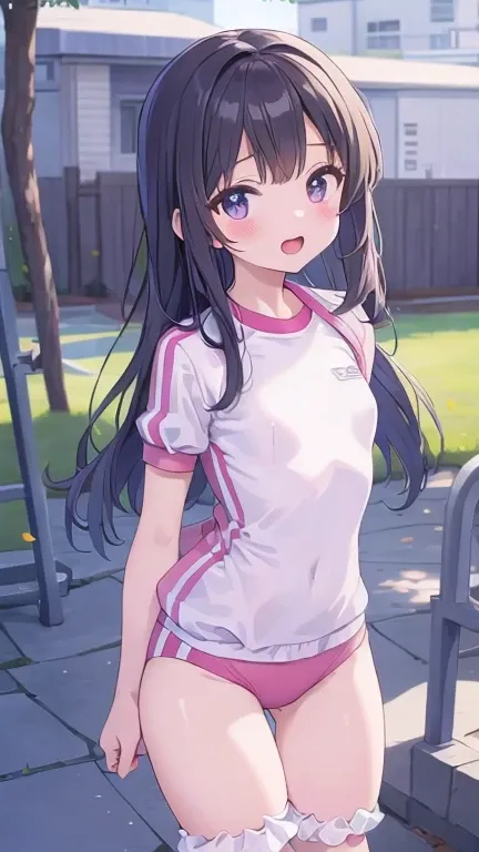 Browsing Caution,Masseter region, Highest quality, Ultra-high resolution, Highest quality, Anime Style, Best lighting, Beautiful Face, 1 cute girl,female child, sexy,  Small breasts, White shirt, (Gym suit, Bloomers), shy, Black Hair, Long Hair, thin, Thig...