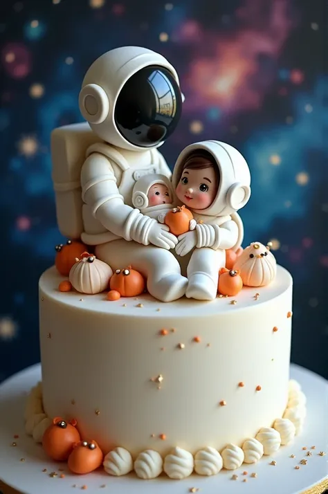 Cream cake with a baby shower boy theme topper with astronaut parents and an astronaut baby 