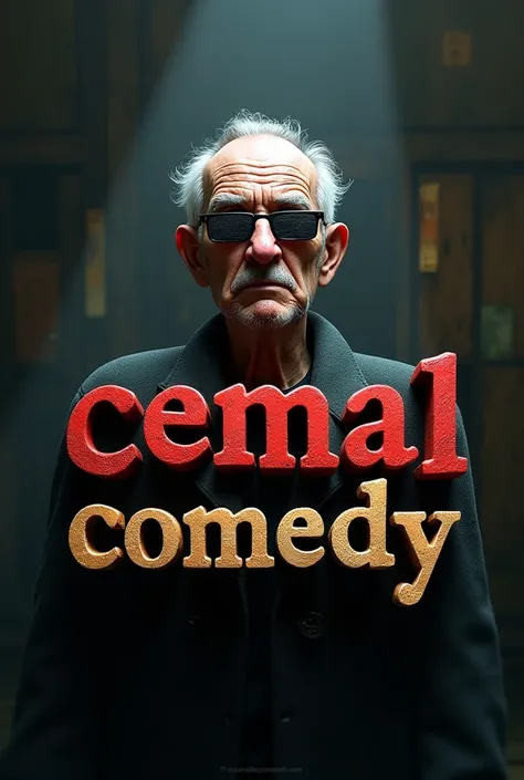 logo: text: CEMAL COMEDY old man in background with censored eyes realistic 3D