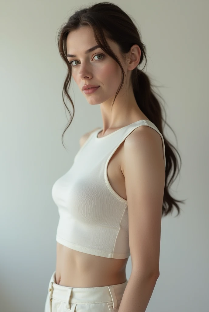 Anna hathaway with pale skin, white skin, no lose hair, pinned hair, wearing top and pants, low quality, poor quality, hourglass body, showing hips and navel