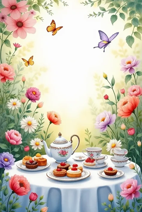 art dessert,watercolor,afternoon tea, garden, flower, butterfly