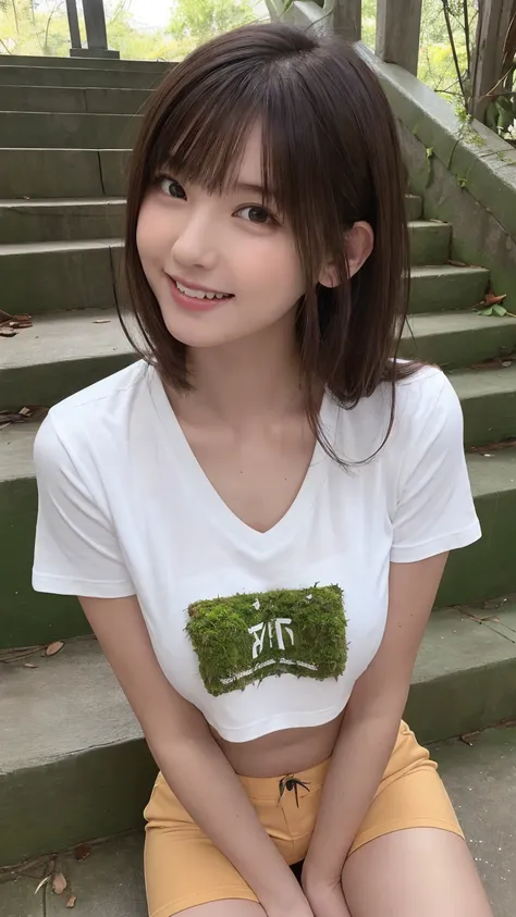 beautiful girl, (cropped logo t-shirt:1.3, low-rise hot pants:1.3), (16yo:1.3), break, (beautiful moss-covered stairs:1.2), brea...