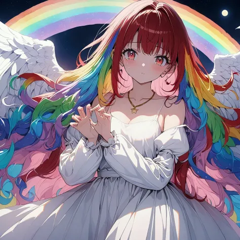 (((anime))) One Woman,Heart Pose,Pink Heart,Angel,Iridescent Feathers,Long Hair,(Rainbow Hair),Bangs parted in the center,Inside the hair,Shine,Angelの輪,necklace,Wink,Filmography,Red eyes,Big Eyes,Tears White Camisole,Volume sleeve,Long skirt,night,full moo...