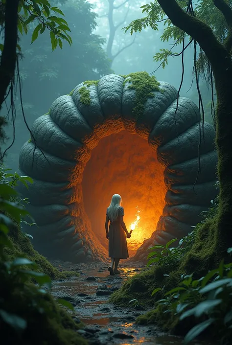 a highly detailed moss green oyster shell, giant open mouth stone cockle, in lush jungle, glowing magical interior, solo old woman walking with shocked expression, hand holding torch, horror scene, 4k, best quality, 8k, highres, masterpiece:1.2, ultra-deta...