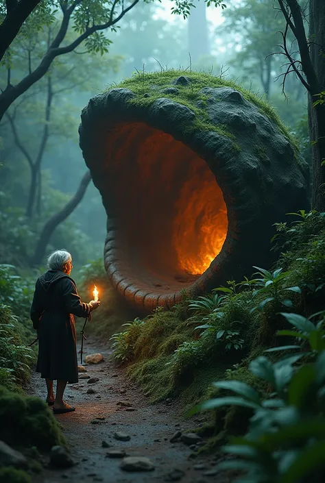 a highly detailed moss green oyster shell, giant open mouth stone cockle, in lush jungle, glowing magical interior, solo old woman walking with shocked expression, hand holding torch, horror scene, 4k, best quality, 8k, highres, masterpiece:1.2, ultra-deta...