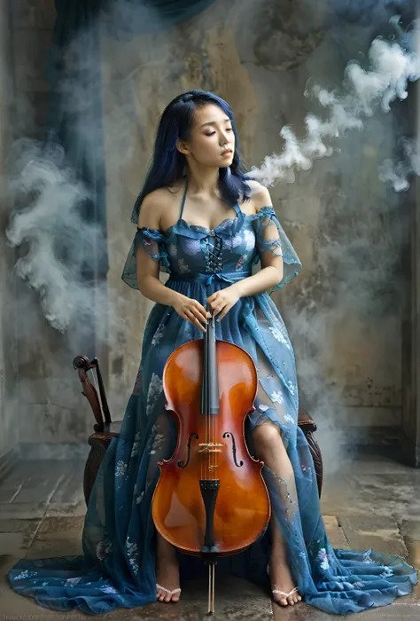 a woman, sitting, playing a cello, cello between her legs, holding a bow. blue dress, dress is partly opaque. mixed race korean-...