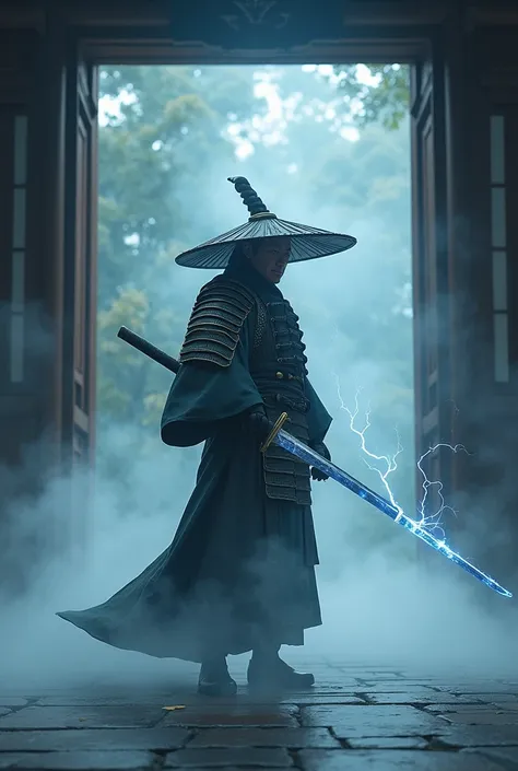 Pixar Samurai, shrouded in fog, with his sword wrapped in a thread of lightning, inside a Japanese temple