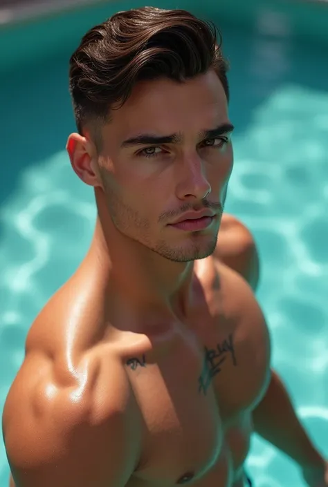 a young man AI high quality muscular tattoo with name “ruy” small, tanned skin piercing gaze light pink mouth with realistic pool background
