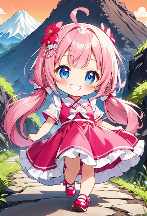 Highest quality、High resolution、Detailed Background、Beautiful face in every detail、Anatomically correct、Detailed facial expressions、fine grain、((full body, from below:1.5, looking viewer:1.2)), break　((One Girl:1.5)、((Chibi Girl:1.5)))、Bright pretty pink h...