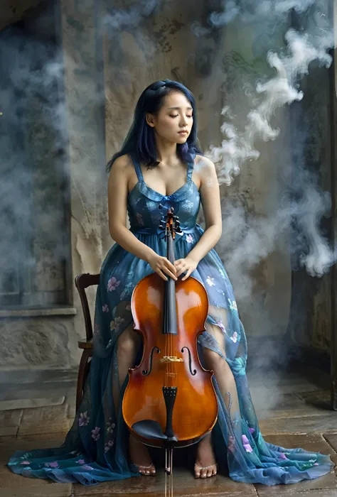 a woman, sitting, playing a cello, cello between her legs, (holding a bow)+. blue dress, dress is partly opaque. mixed race kore...