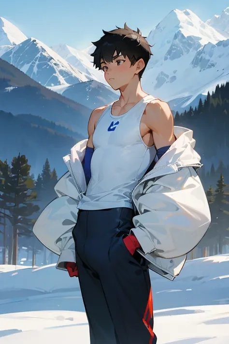 Snowy mountains in the background、An elementary school boy standing wearing a tight white tank top、The sleeve opening of the tank top is wide、tall、Handsome、It&#39;s snowing、The navel is slightly visible