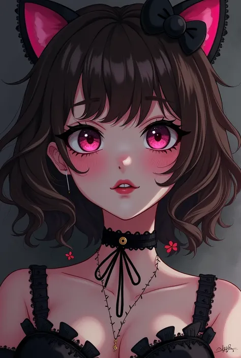 Create a profile picture of a brown curly haired woman, Caucasian skin, eyes browns, gloomy coquette anime pink and black gothic hello kitty kuromi non realistic