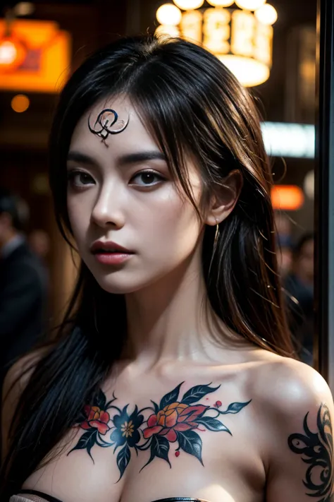 a fierce woman in nude, member of a yakuza family, staring intensely into the camera, yakuza body tattoo, high detail, cinematic...