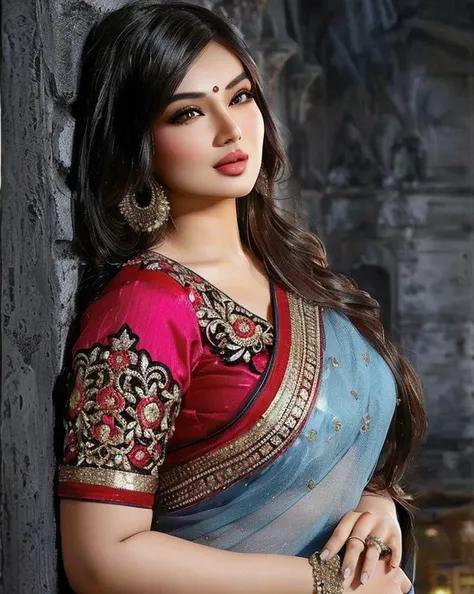 sexy woman in saree that highlights her large breasts, ((ayesha takia)), glistening navel region, belly button piercing, angelaw...