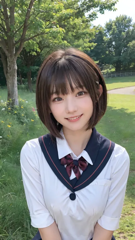 One person&#39;S, (beautiful girl, delicate:1.3), (:1.3),
break, (Lush countryside　background:1.2),
break, Embarrassed Laugh, Very beautiful eyes, (Symmetrical eyes:1.3),
break, (E cup breasts:1.3), School uniforms:1.3, Brown eyes, Parted bangs, Brown bob ...