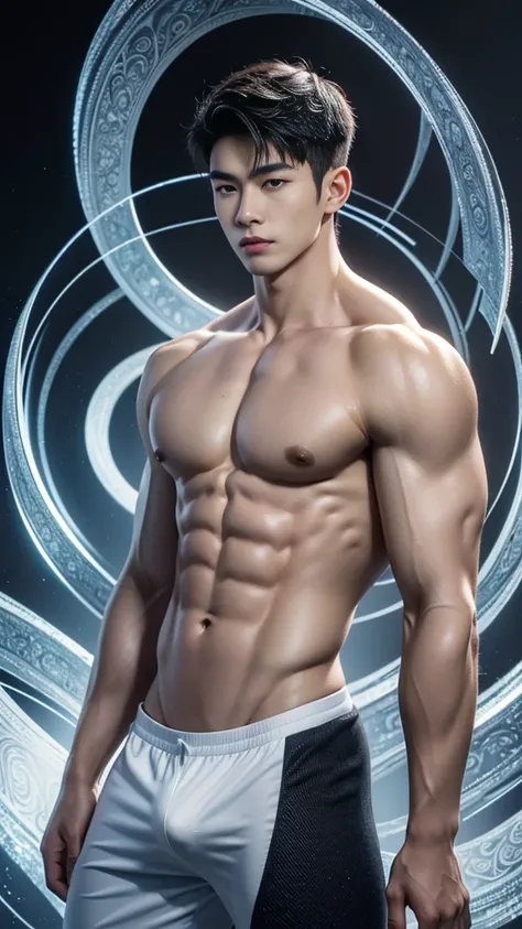 Mind control, hypnotic spiral, (masterpiece, ultra quality, high resolution, 8k, intricate: 1.2), (detailed face:1.2), handsome, Young Korean man, white skin, double eyelids, detailed skin, 1boy, ((realistic)), abs, good lighting quality, muscle veins, ((p...