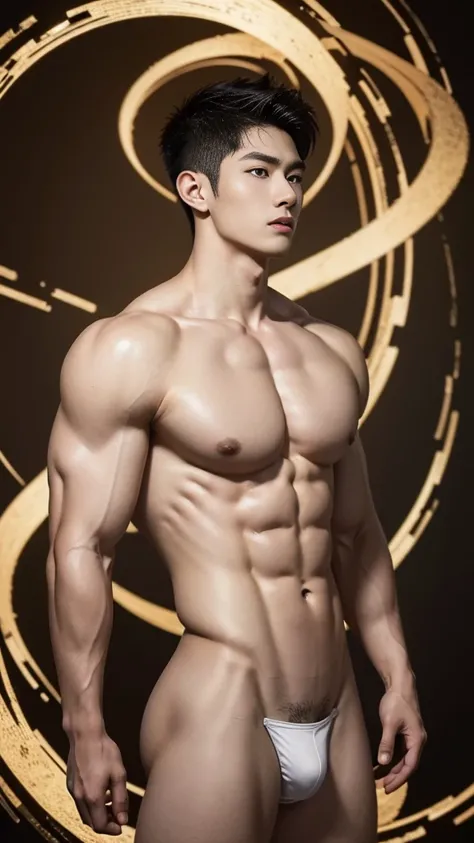 Mind control, hypnotic spiral, (masterpiece, ultra quality, high resolution, 8k, intricate: 1.2), (detailed face:1.2), handsome, Young Korean man, white skin, double eyelids, detailed skin, 1boy, ((realistic)), abs, good lighting quality, muscle veins, ((p...